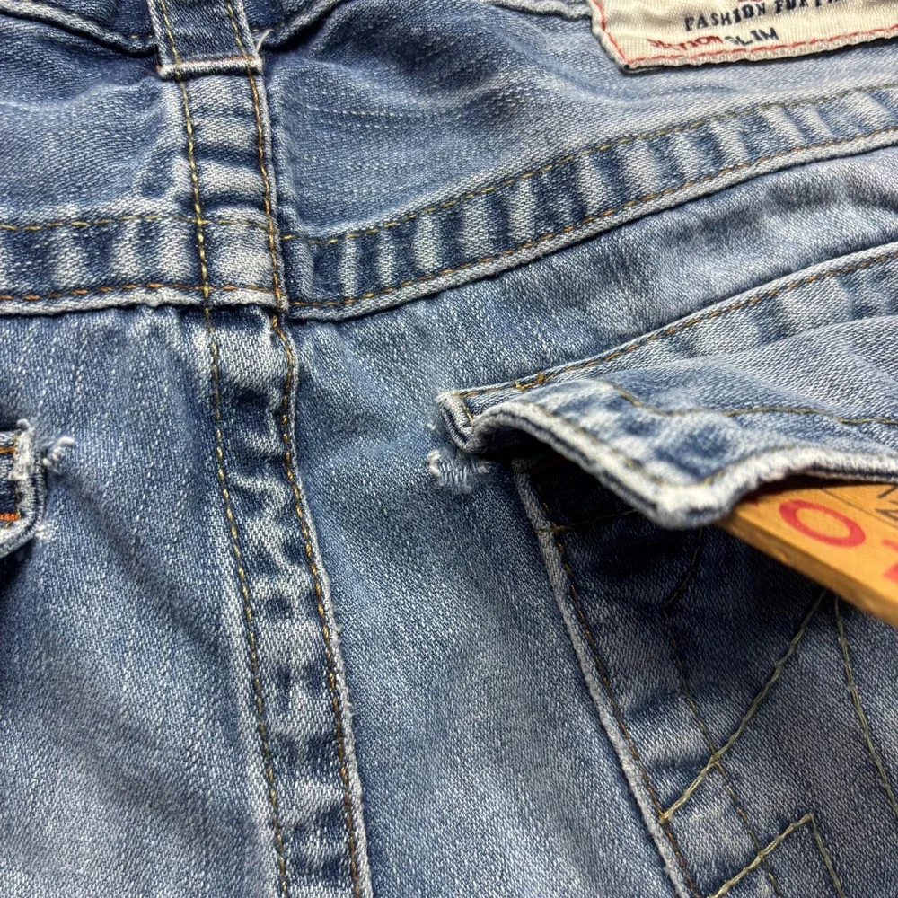 True‎ Religion Slim Fit Blue Denim Jeans Mens 31x33 Flap Pockets Whiskering Fade